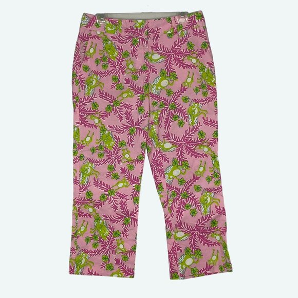 Lilly‎ Pulitzer Vintage Pink & Green Monkey Print Cotton Blend Crop Pants Size 6 - Picture 1 of 8